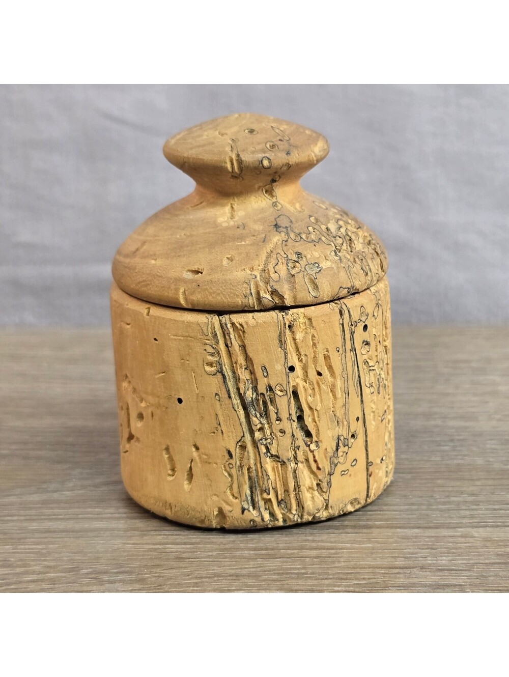 Rustic Hand Turned Spalted Wood Lidded Pot Small Vintage Trinket Box w/ lid 1991